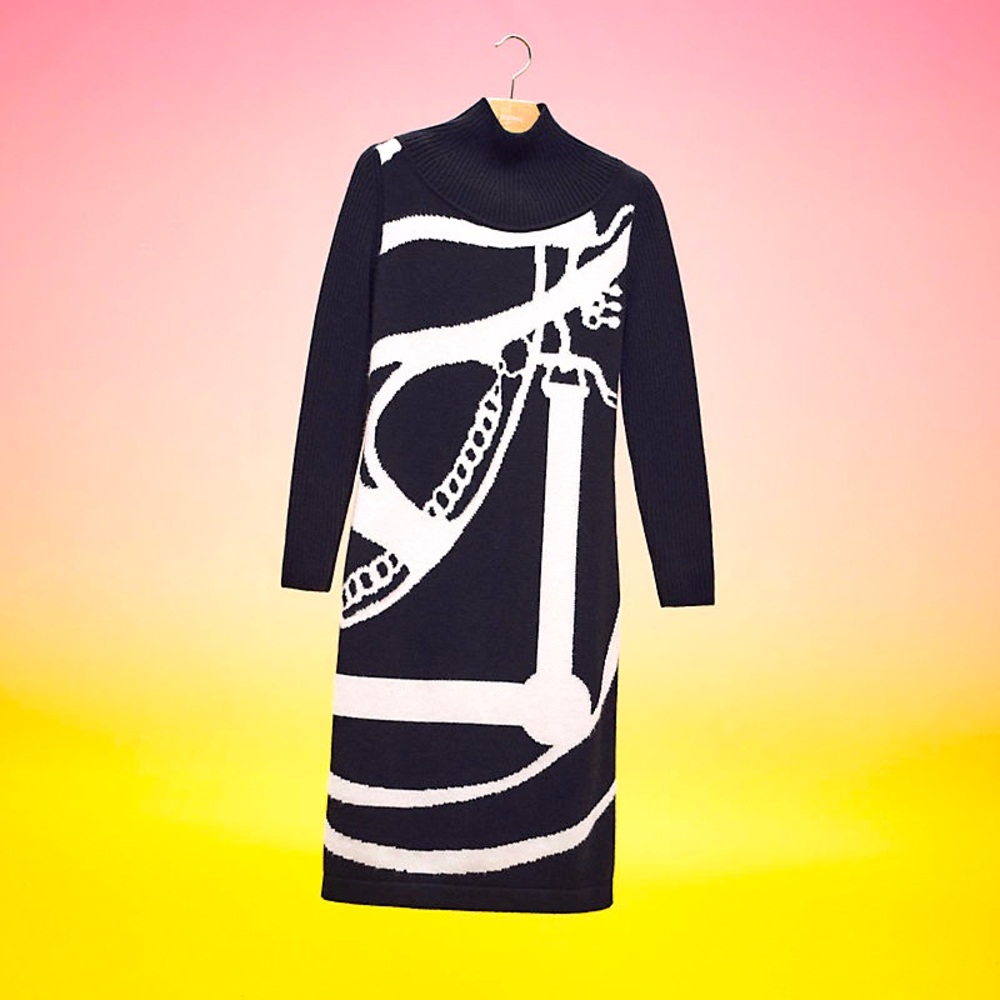Brand New Hermes Black/White Cashmere Knit Midi Dress Promenade du Matin